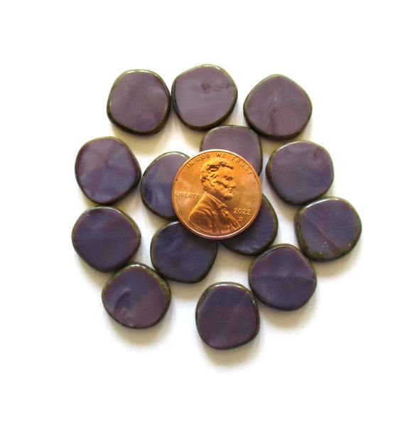 Six 15mm Czech glass asymmetrical coin or disc beads - opaque amethyst / purple silk picasso table cut beads - C00531