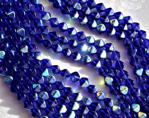 Fifty 6mm Cobalt Blue AB bicones, Czech pressed glass bicone beads, C3850 - Glorious Glass Beads