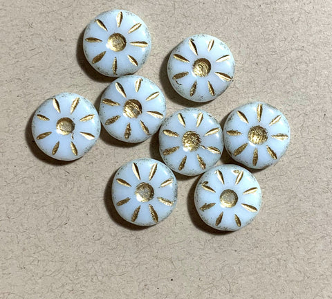 Eight 12mm Czech glass flower beads - round, carved, opaque white daisy, coin, disc or wheel beads w/ gold accents C0088