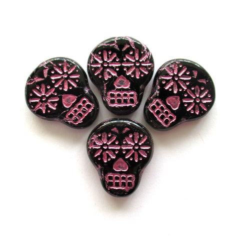 Four large black & pink Czech glass skull beads - opaque black glass with a pink wash - focal beads - 20mm x 17mm C00331