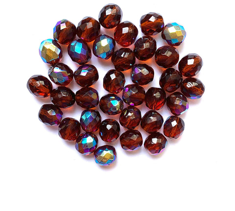 Twenty Czech glass fire polished faceted round beads - 10mm Madeira topaz AB or brown AB beads C0088
