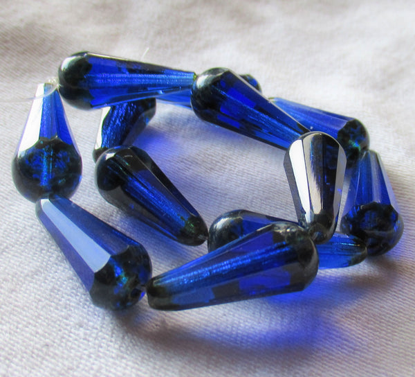 Six Czech glass long faceted teardrop beads - transparent sapphire blue w/ picasso finish on the ends - 9 x 20mm elongated tear drops 19106