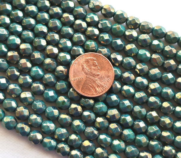 25 6mm Persian Turquoise Bronze Picasso Czech glass beads, firepolished, faceted round beads, C4825 - Glorious Glass Beads