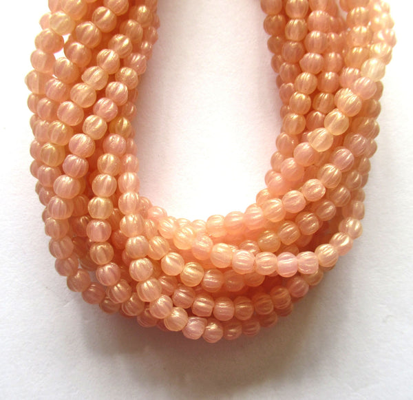 Lot of 100 3mm Czech glass melon beads - Sueded Gold Milky Pink pressed glass beads - C00401