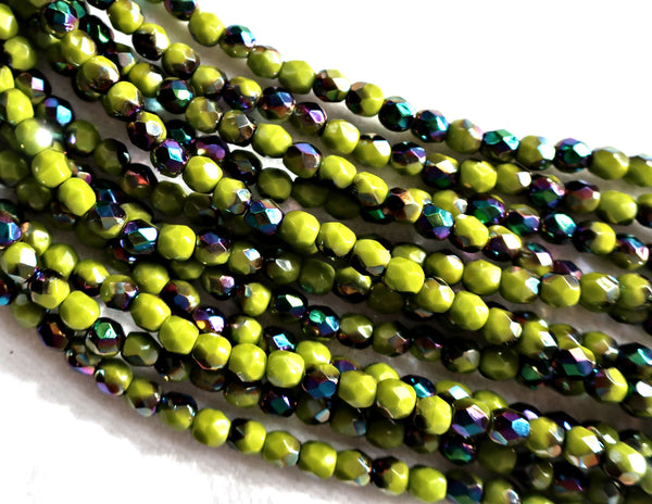 Lot of 50 4mm Opaque Olive Vitral Czech glass beads, olive green firepolished, faceted round beads with a vitral finish, C5625