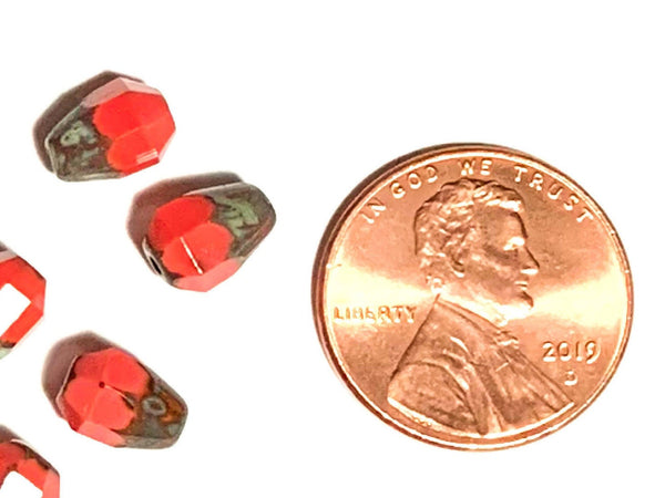Lot of 15 Czech glass teardrop beads - opaque coral red half Picasso finish - special cut 8 x 6mm faceted firepolished beads C0051