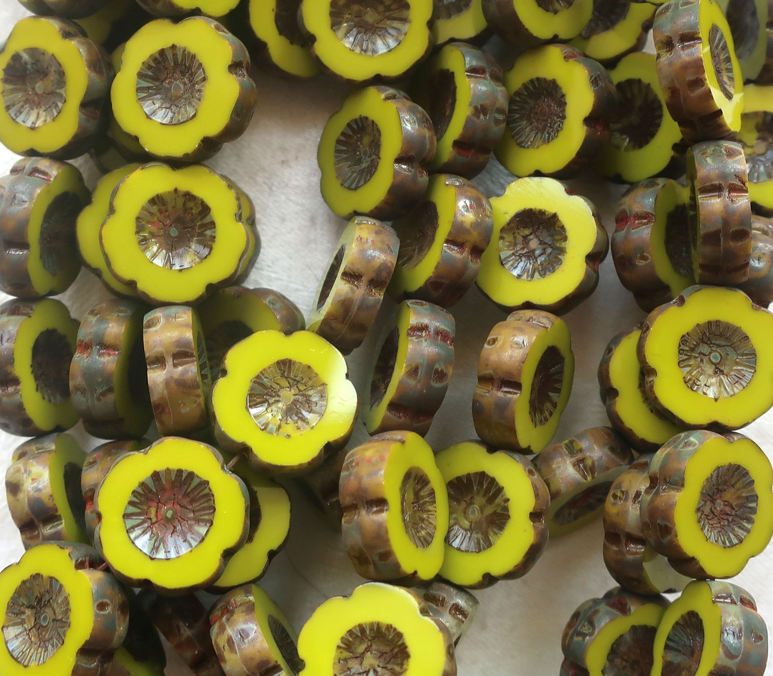 Five 14mm Czech glass beads; Hawaiian Flower beads, table cut, carved, opaque bright avocado, chartreuse green picasso floral beads C00101 - Glorious Glass Beads