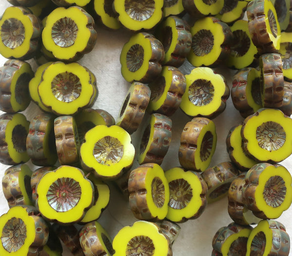 Five 14mm Czech glass beads; Hawaiian Flower beads, table cut, carved, opaque bright avocado, chartreuse green picasso floral beads C00101 - Glorious Glass Beads