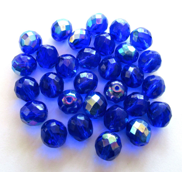 Twenty 10mm Czech glass beads - cobalt blue AB fire polished faceted round beads C00501