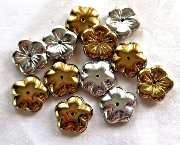 Ten 14mm Metallic California Silver & Gold flower beads, Czech glass spacer or cap beads C0901