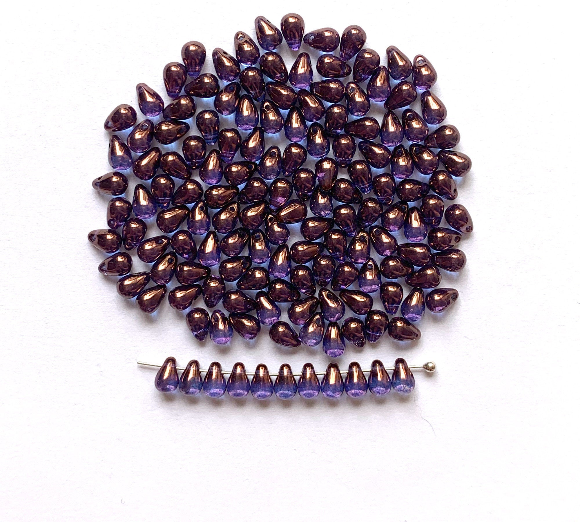 Fifty Czech glass teardrop beads - 6 x 4mm vega purple luster or lumi amethyst drop or pear beads - C0044