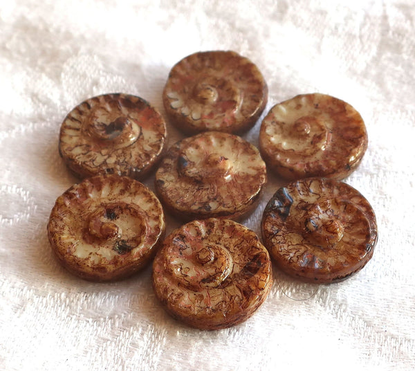 Six large Czech glass snail fossil beads, 18mm off white with full coat brown picasso finish, neutral earthy, rustic coin / disc beads C0616 - Glorious Glass Beads