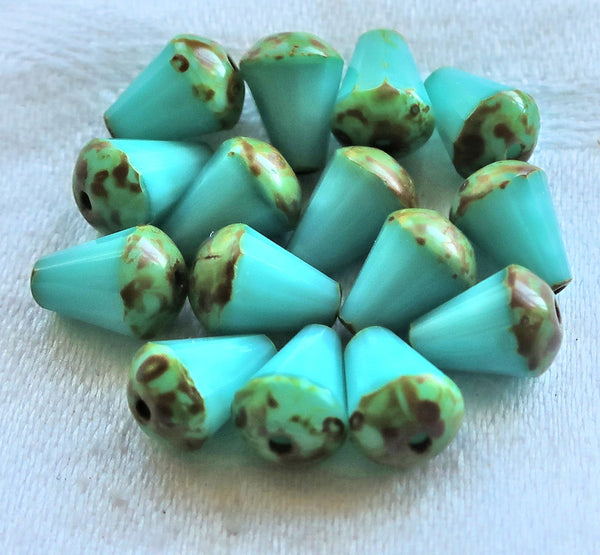 Lot of 15 8 x 6mm Czech glass teardrop beads - opaque turquoise blue silk w/ picasso - special cut, faceted, firepolished beads C05101 - Glorious Glass Beads