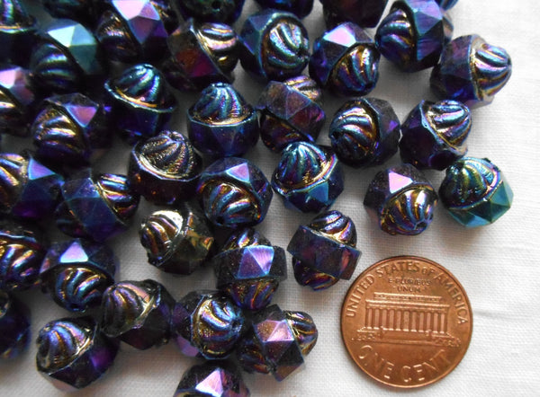 Ten 11 x 10mm Czech Blue Iris turbine, cathedral, saturn beads, multicolored blue iridescent Czech glass beads C5901