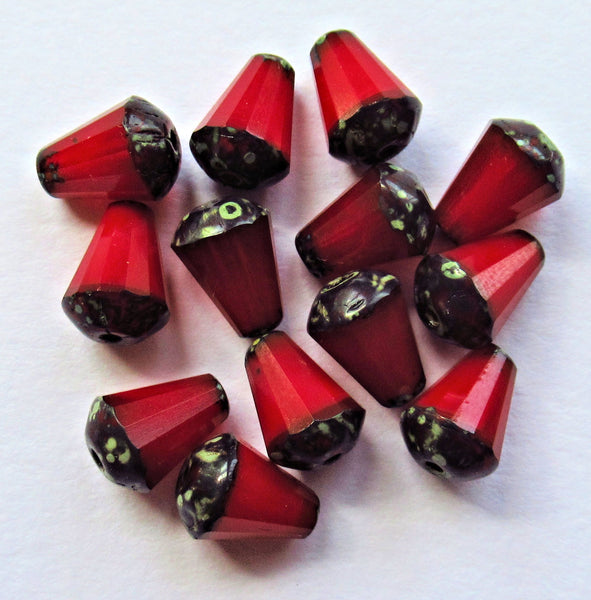 Lot of 15 8 x 6mm Czech glass teardrop beads - opaque red opal picasso - special cut, faceted, firepolished beads C07101 - Glorious Glass Beads