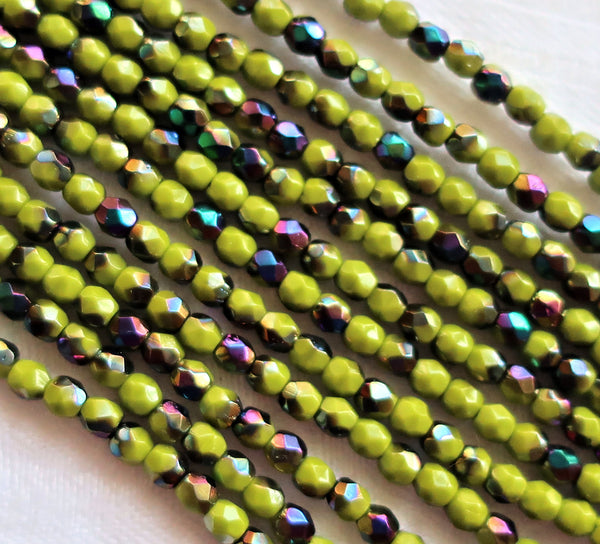 Lot of 50 3mm Opaque Olive Vitral Czech glass beads, olive green firepolished, faceted round beads with a vitral finish, C5525