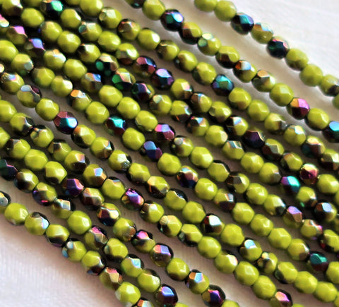 Lot of 50 3mm Opaque Olive Vitral Czech glass beads, olive green firepolished, faceted round beads with a vitral finish, C5525 - Glorious Glass Beads