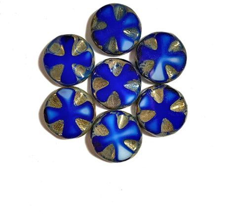 Six Czech glass beads, table-cut, carved, disc or coin beads, blue & white marbled Celtic, Iron cross with a gold picasso finish C0911