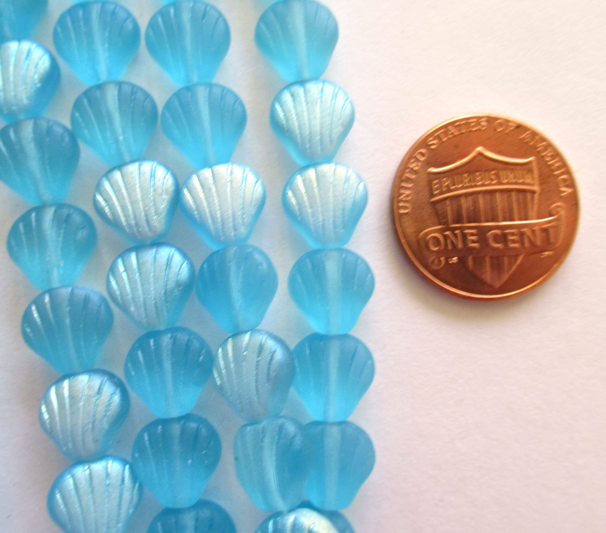 20 Czech glass fan, shell or clam beads - matte aqua blue beads with an ab finish - nautical beads - 00001