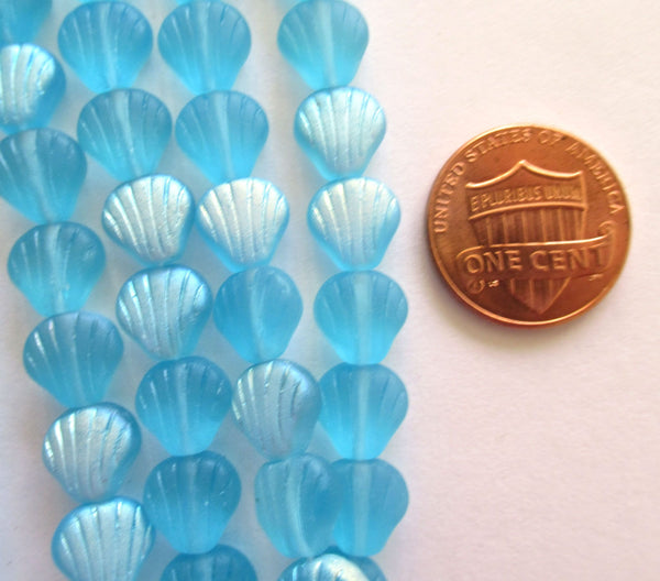 20 Czech glass fan, shell or clam beads - matte aqua blue beads with an ab finish - nautical beads - 00001