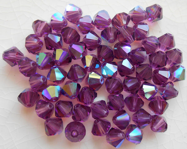 Lot of 24 6mm Amethyst AB Czech Preciosa Crystal bicone beads, faceted glass purple AB bicones C60101