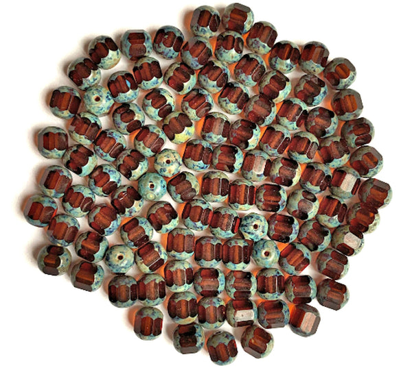 15 Czech glass faceted cathedral or barrel beads six sides - 8mm fire polished Madeira topaz beads with picasso finish on the ends C0096
