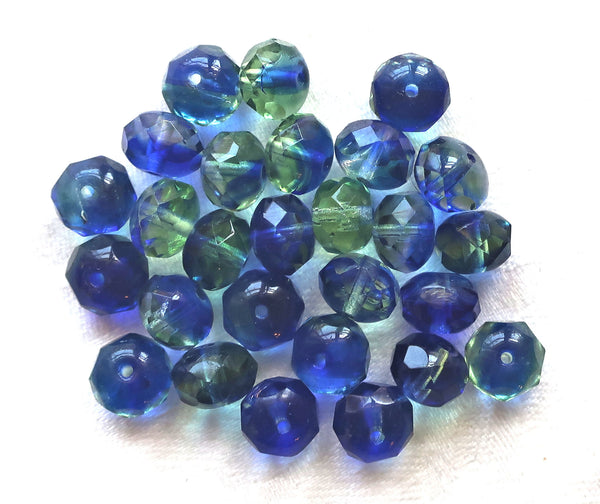 25 faceted Czech glass puffy rondelle beads, 8 x 6mm transparent mint green and sapphire blue mix, rondelles on sale 0901 - Glorious Glass Beads