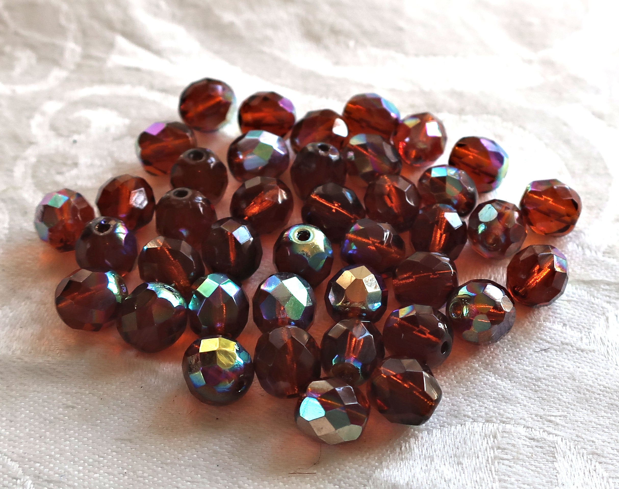 Czech Glass, Bohemian Aged 8/0 Round Seed Beads, 10 Grams, Etched Orange/Black Stripes and Amber