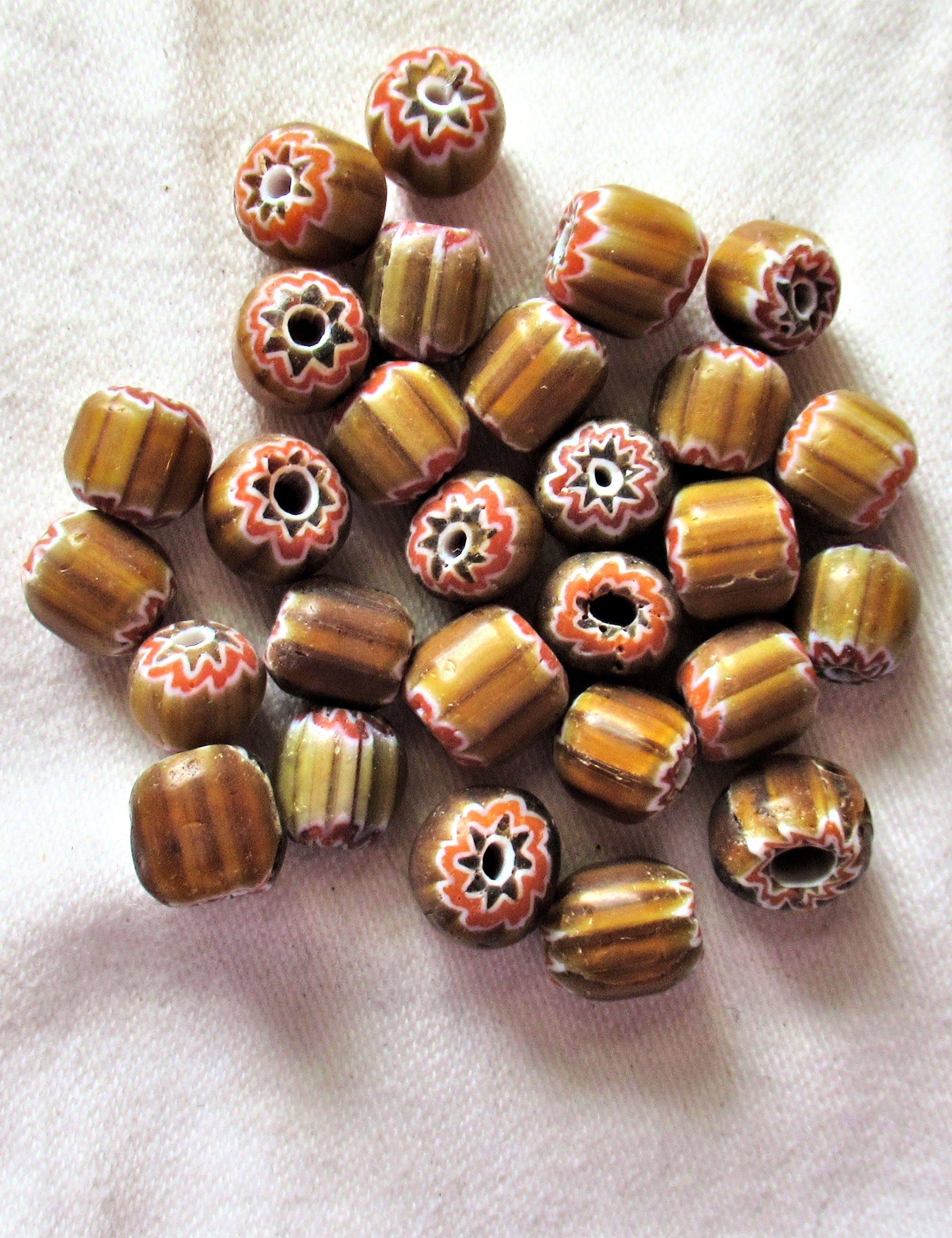 lot of 15 brown & white striped glass chevron tube beads - red and black  accents - approx 8 x 10mm rustic earthy big hole barrel beads C9501