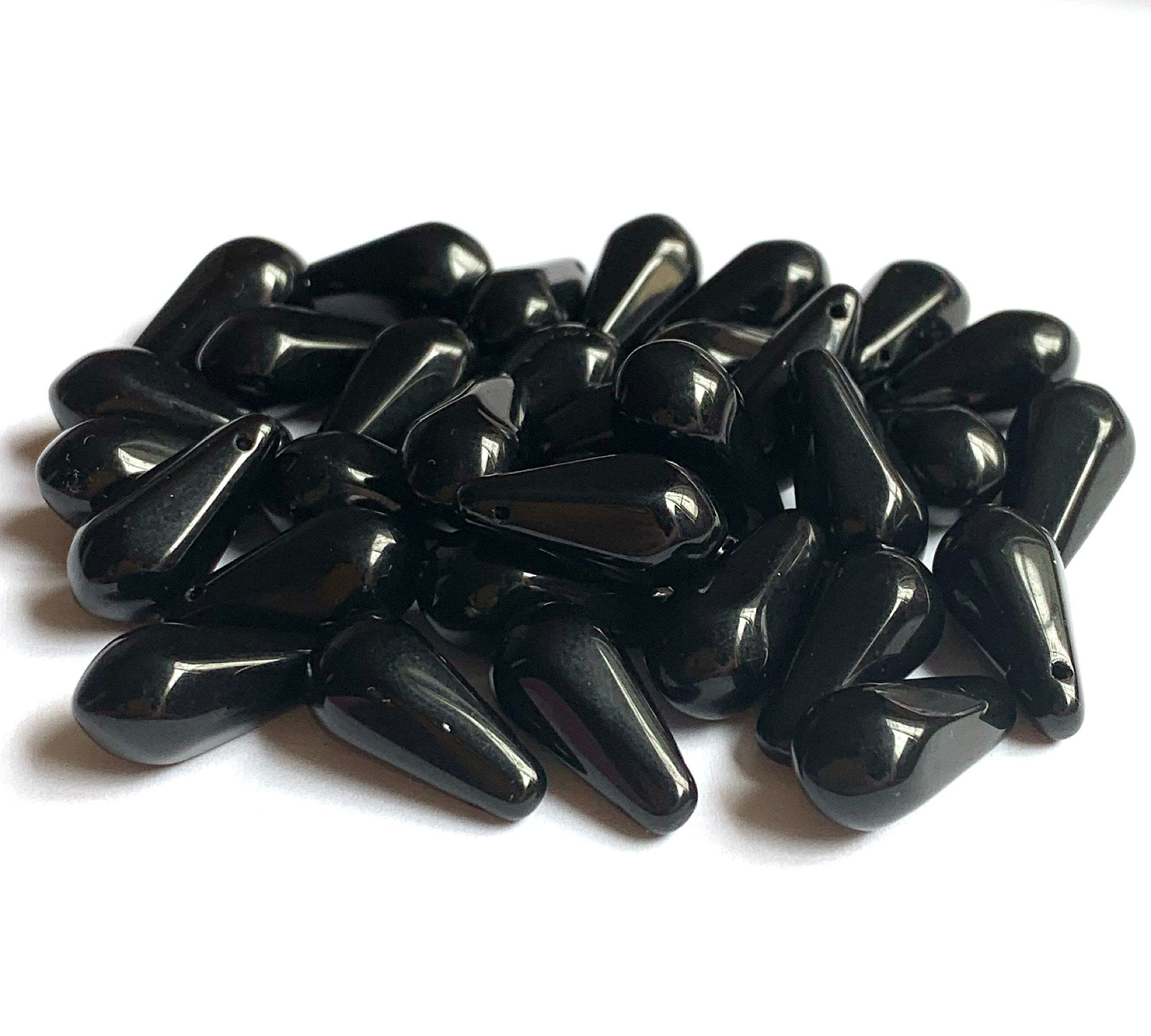 Ten large Czech glass teardrop beads - 9 x 18mm opaque jet black pressed glass side drilled six sided drops C0052