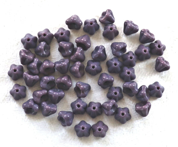 50 Purple flower beads, 4 x 6mm baby bellflower beads, opaque, lilac, lavender Czech pressed glass beads C1901