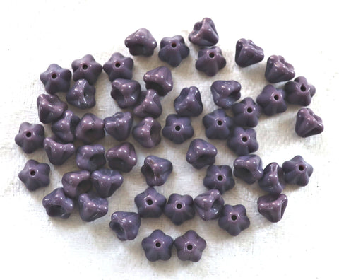50 Purple flower beads, 4 x 6mm baby bellflower beads, opaque, lilac, lavender Czech pressed glass beads C1901 - Glorious Glass Beads