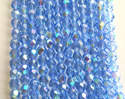Lot of 25 6mm Czech glass beads - Medium Sapphire Blue AB fire polished faceted round beads - C0056
