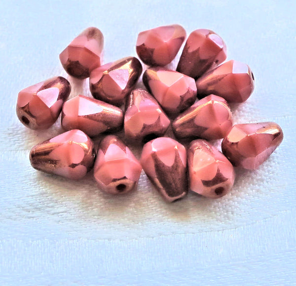 Lot of 15 8 x 6mm Czech glass teardrop beads - opaque silky pink & bronze - special cut, faceted, firepolished beads C07101 - Glorious Glass Beads