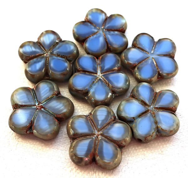 Lot of five 17mm table cut, carved,opaque, marbled denim blue with silver picasso accents, Czech glass flower beads C51105 - Glorious Glass Beads