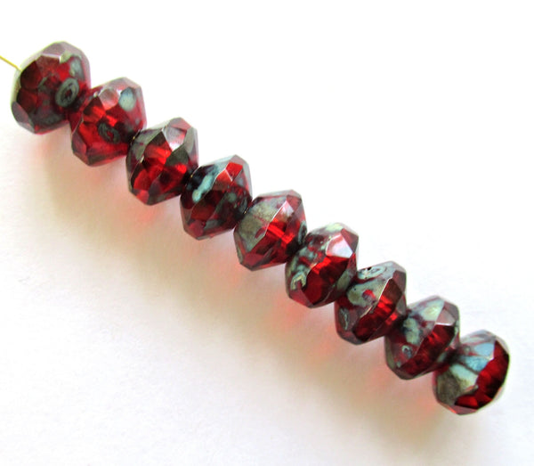 15 Czech glass faceted rivoli saucer beads - 7 x 11mm light garnet red picasso beads - rustic earthy beads C00433