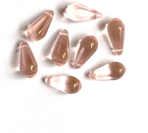 Ten large Czech glass teardrop beads - 9 x 18mm transparent rosaline pink pressed glass side drilled faceted drops six sides C0054