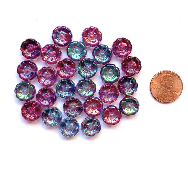 Ten 12mm Czech glass flower beads - pink and blue AB pressed glass flowers - C0111