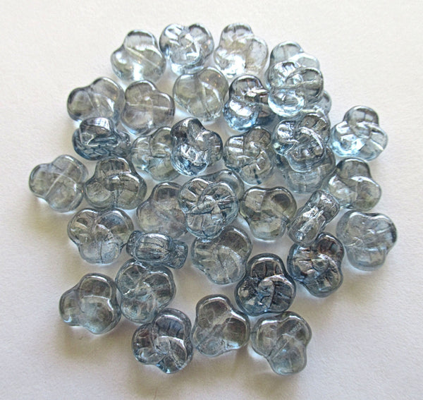 Lot of 25 9mm Czech glass pansy beads - flat transparent lumi blue flower beads C00411