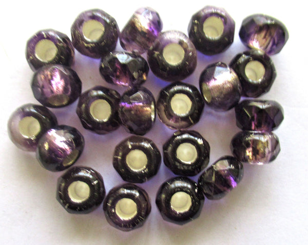 Ten Czech glass roller beads - 8.5 x 5mm tanzanite purple silver lined, faceted roller, rondelle, big 3.5mm hole beads C00621