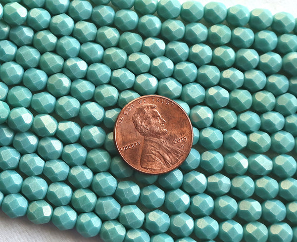 Lot of 25 6mm opaque Sueded Gold Turquoise Blue Czech glass beads, firepolished, faceted round beads, slight frosty gold finish , C1725 - Glorious Glass Beads