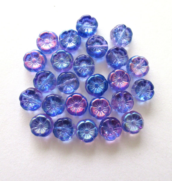 Lot of 15 8mm Czech glass flower beads - purple blue ab color mix pressed flower beads - C0038