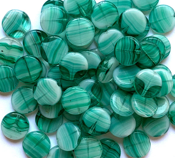15 Czech glass coin beads -10mm  light teal blue green marbled, milky, striped disc beads C0057
