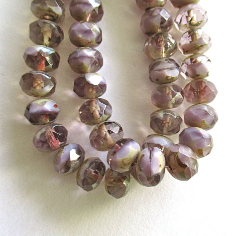 25 Czech glass faceted puffy rondelles - 6 x 8mm transparent & opaque mix light amethyst purple / lavender picasso, rondelle beads 00591