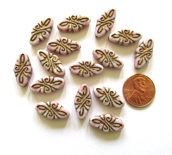 8 Czech glass arabesque beads - 9 x 19mm opaque pink & white diamond shaped engraved beads with a gold wash - C00211
