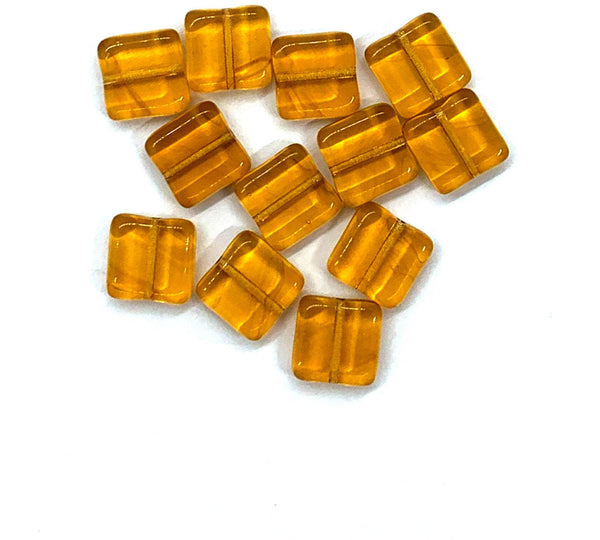 Twenty 9mm square Czech glass beads - transparent amber or topaz pressed glass beads C0076