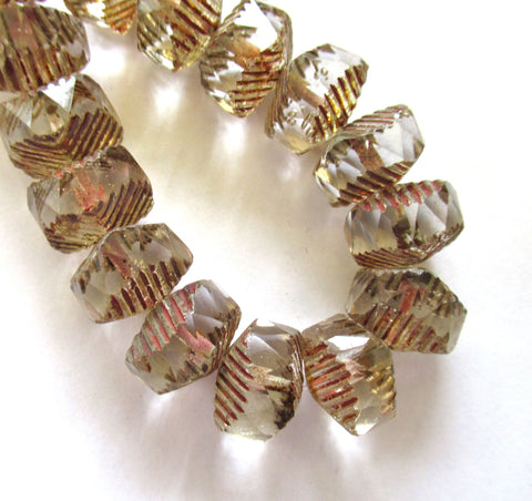Six Czech glass faceted wavy rondelle beads - large 14 x 6mm crystal clear picasso chunky rondelles - C00451