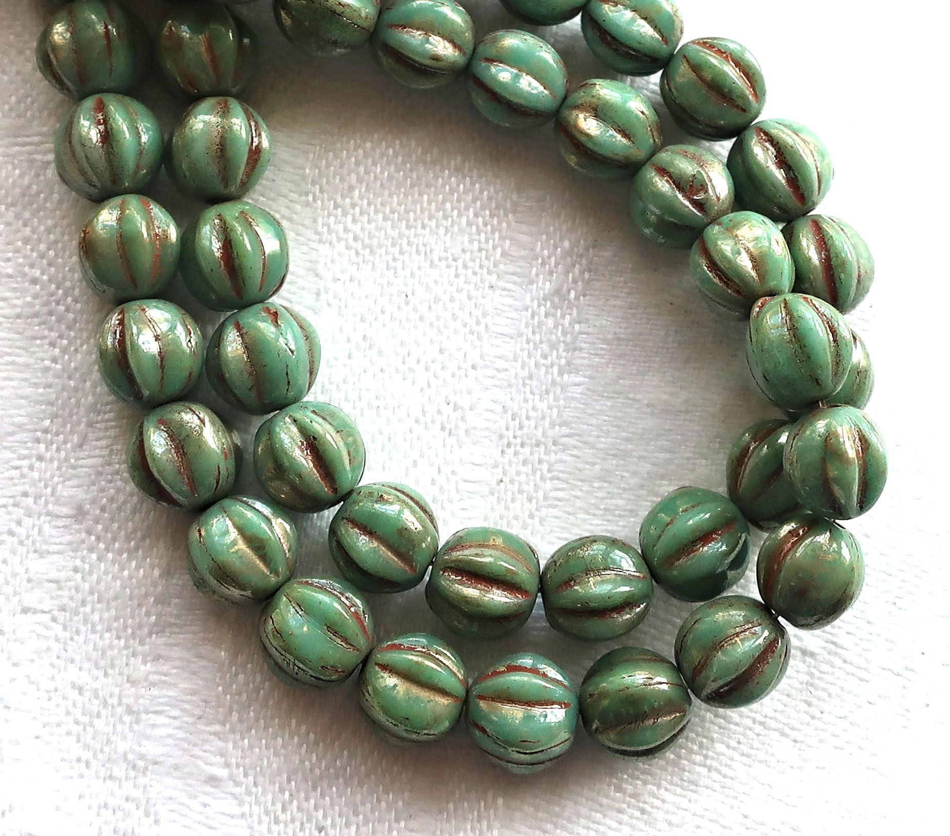 Lot of 25 6mm pressed Czech glass melon beads, pea green picasso beads with coral accents C0901 - Glorious Glass Beads