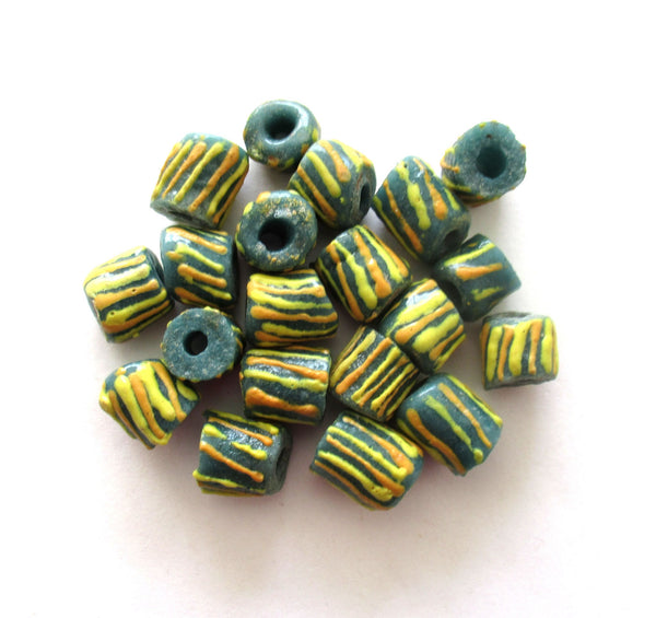 8 African Ghana glass cylinder tube beads - green beads w/ orange & yellow stripes - 13 - 10mm by 9 - 10mm big hole rustic beads - C0089