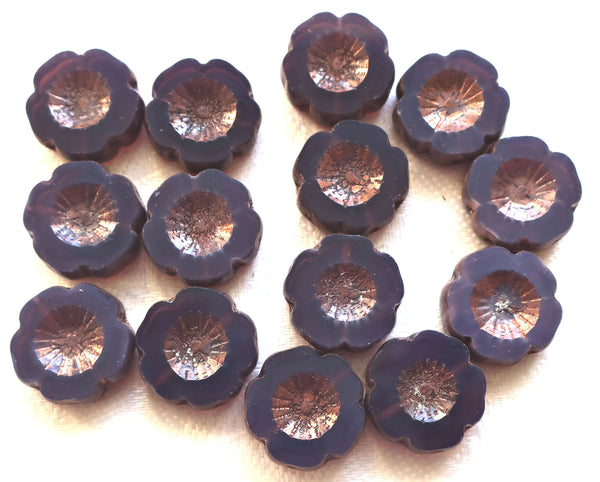 Six 14mm table cut, carved Czech glass flower beads, translucent amethyst, purple opal with a bronze picasso finish, Hawaiian Flowers C8901